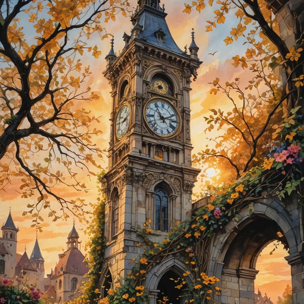 Fairycore Clock Tower at Sunrise: Ink Painting