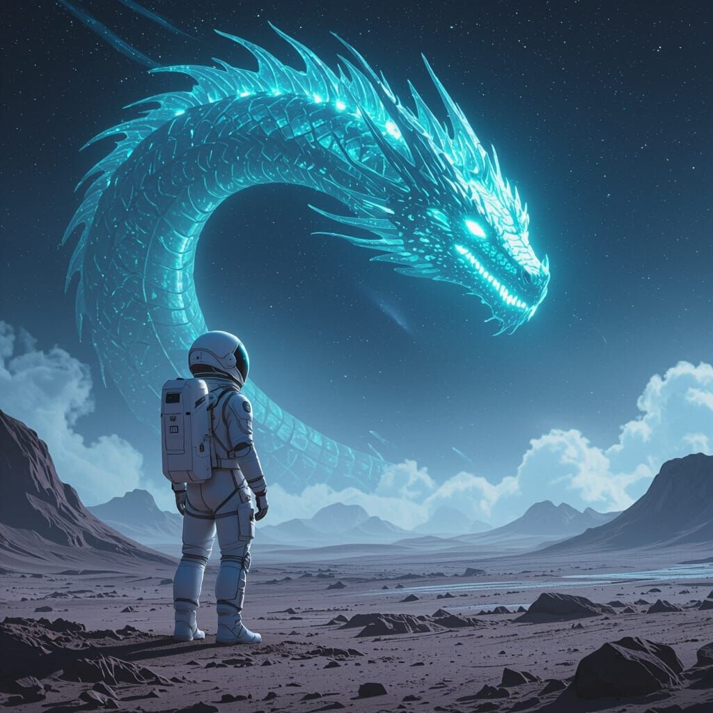 Astronaut and Bioluminescent Dragon in Alien Landscape