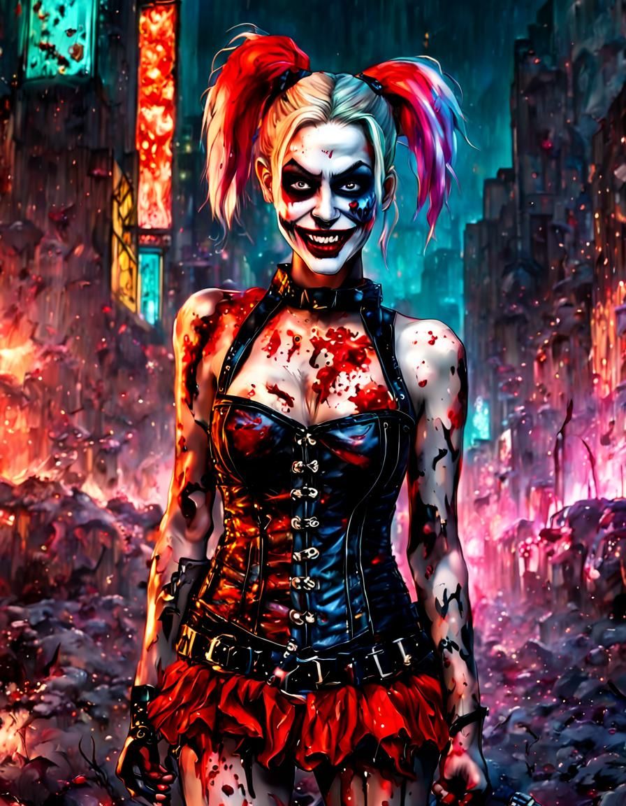 Harley Quinn Zombie in Burning Gotham, Graffiti Art