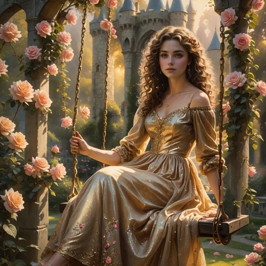 Woman on Rose Swing in Ethereal Garden