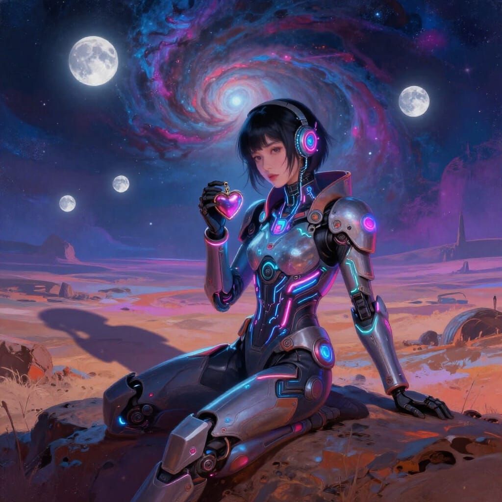Cyberpunk Woman in Mecha Suit Holds Locket on Alien Planet