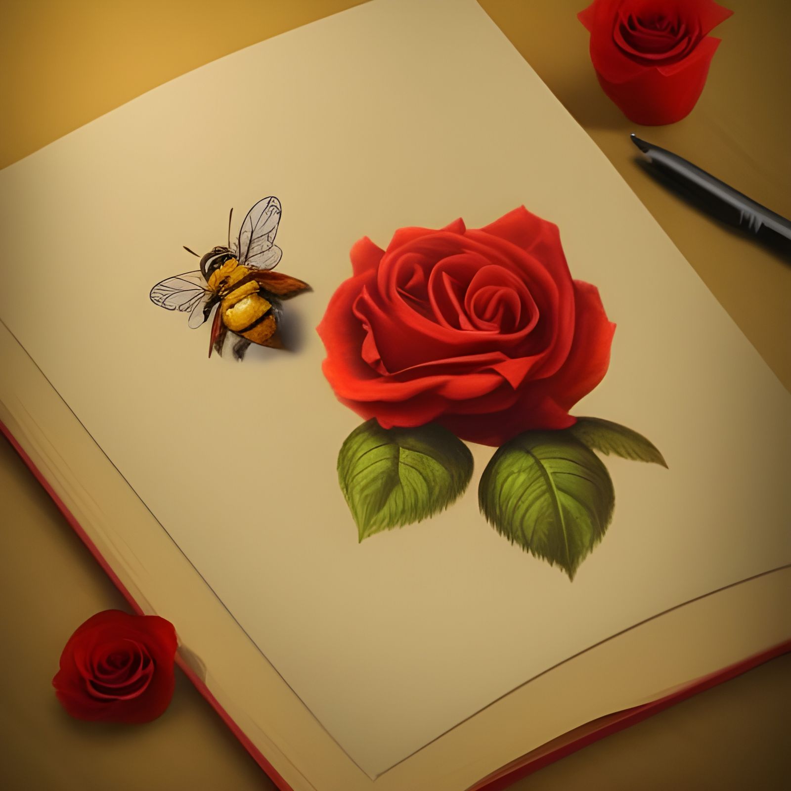 Romantic Red Roses and Book, Marker Drawing