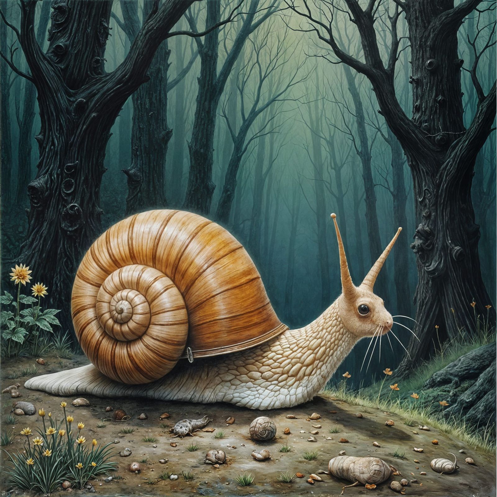Snail on Leash in Dark Forest, Pastel Illustration