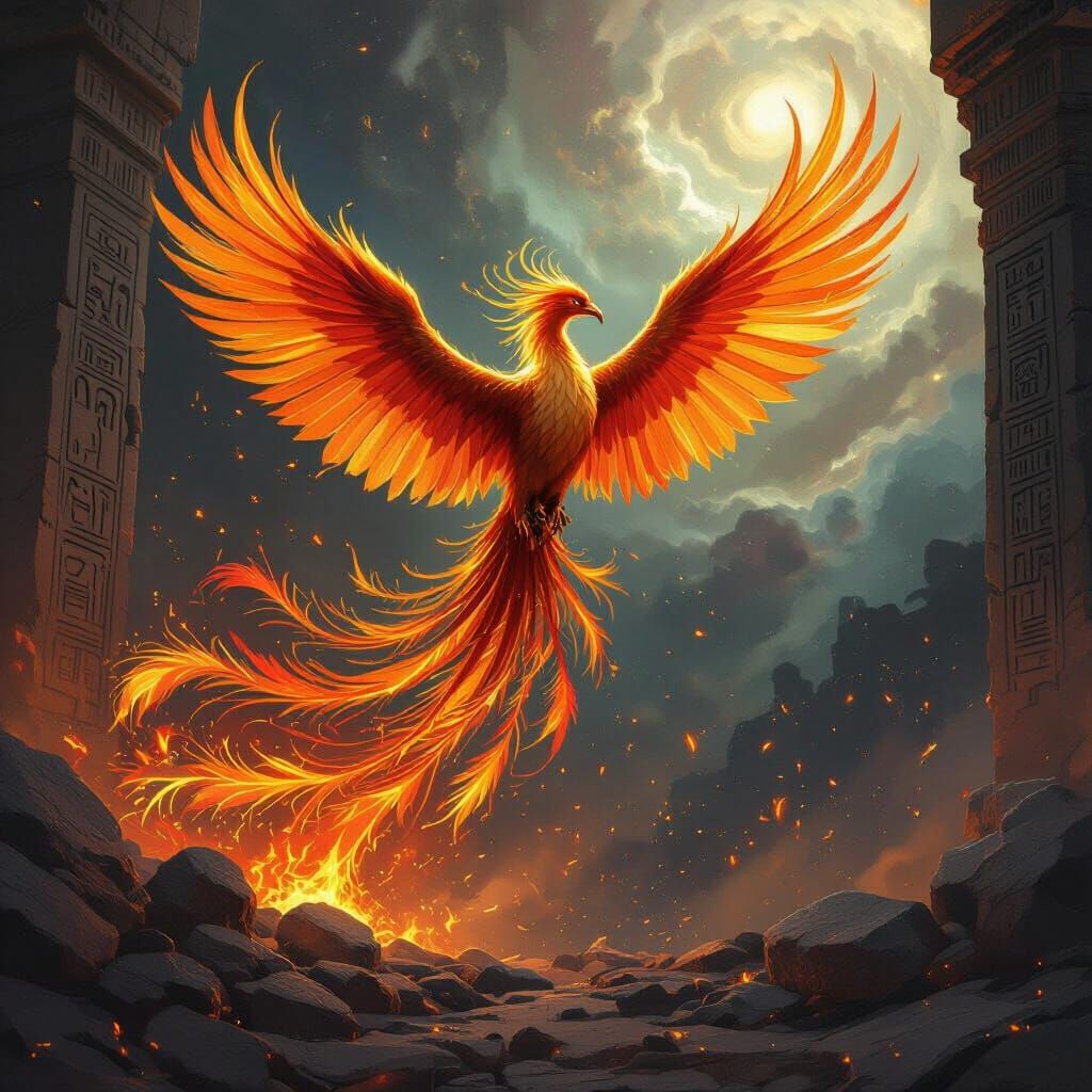 Majestic Phoenix Rises From Temple Ashes in Fiery Flight