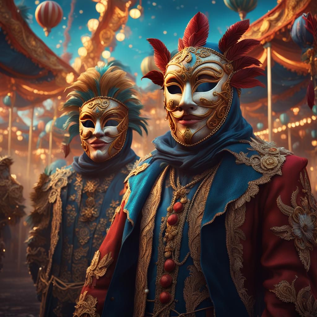 A carnival scene with characters in elaborate masks, each mask telling a unique story