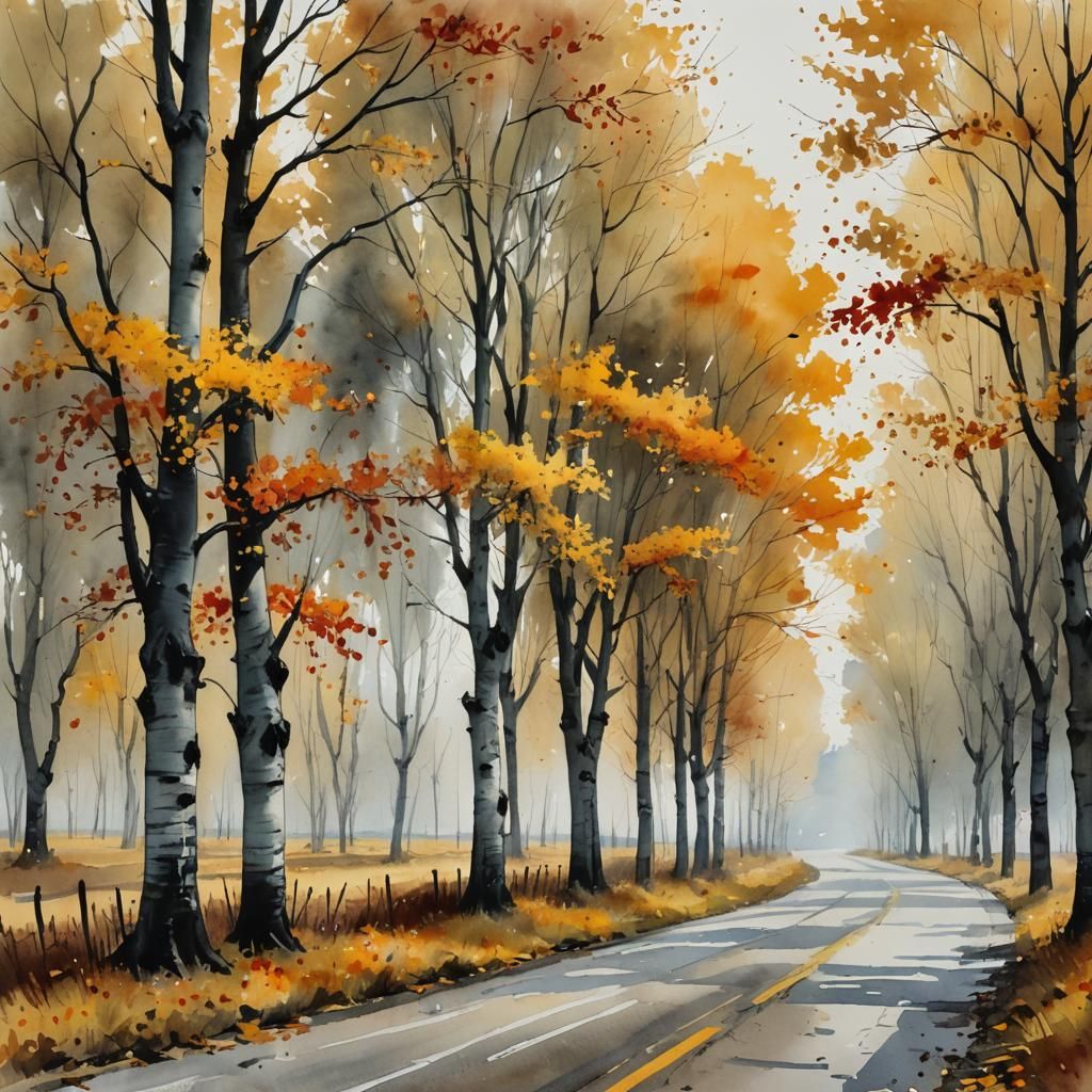 Autumn Poplar Trees in Ink Painting Style