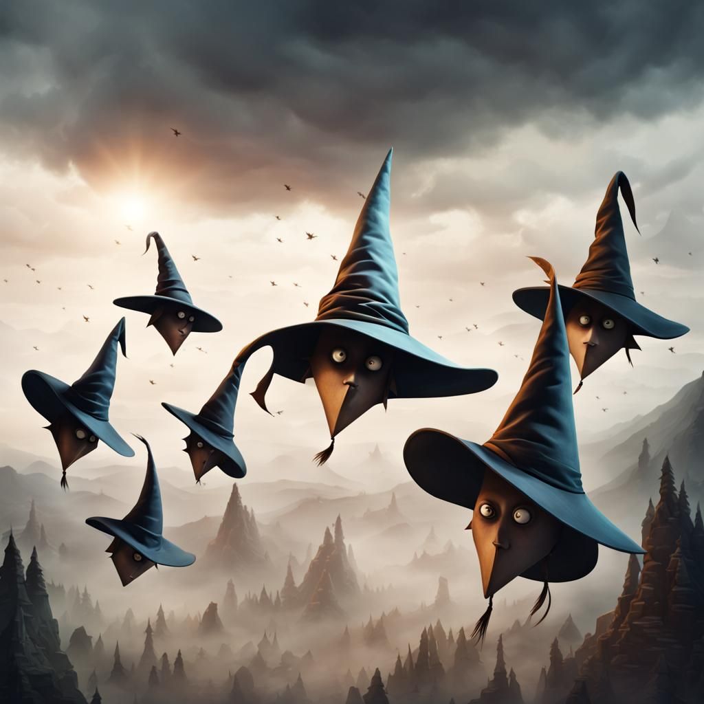 Pointy Hat Wizards Flying Together