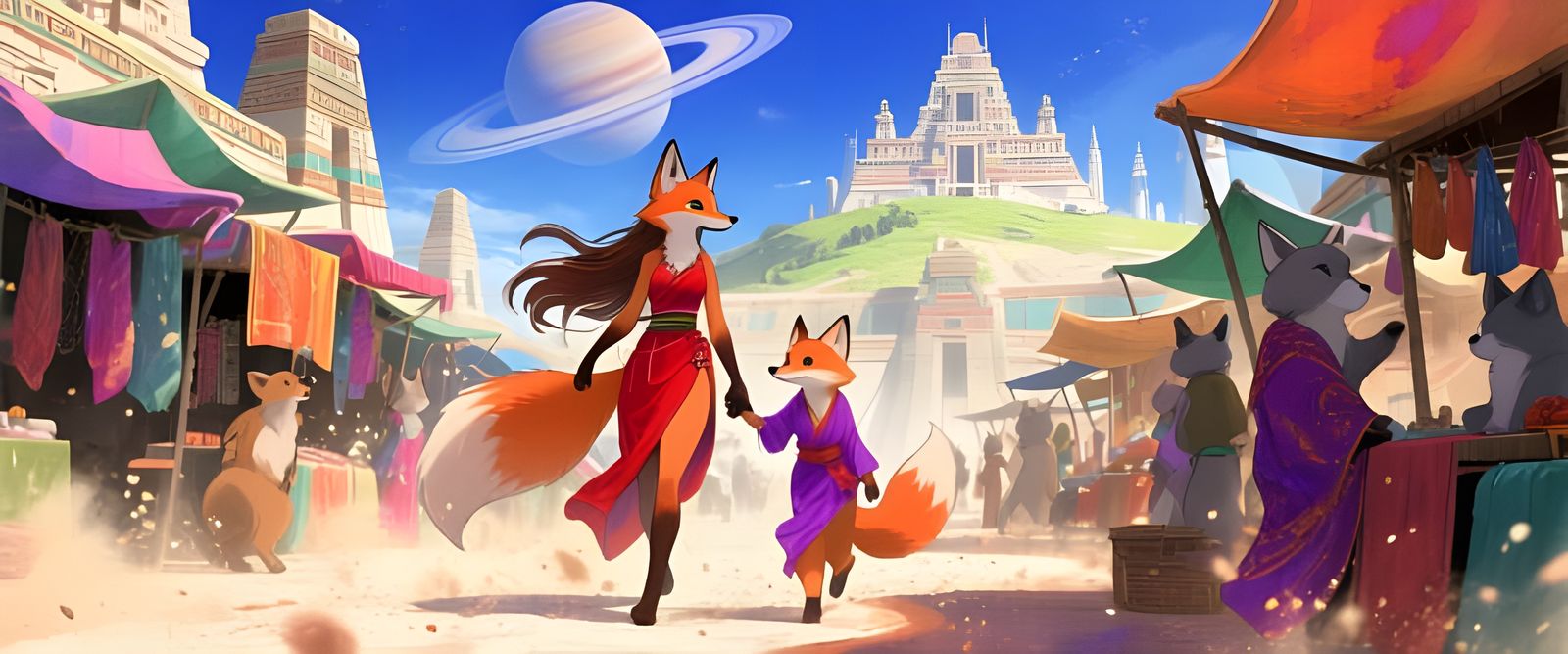 Sci-Fi Aztec Marketplace with Anthropomorphic Foxes