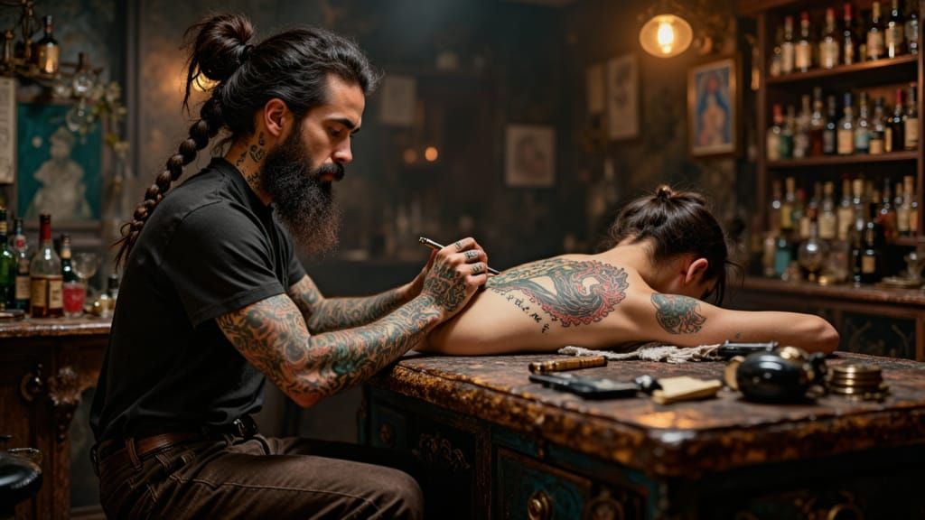Dragon Tattoo Art in Grungy Tattoo Parlor