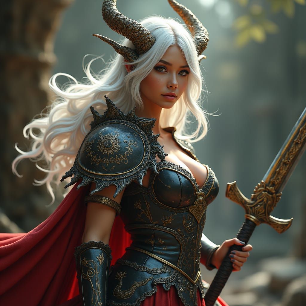 Dragon Woman with Sword in Epic Environment