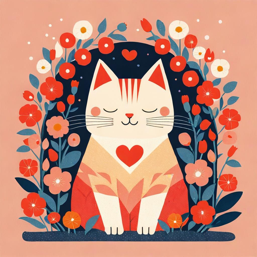 Cute Cat Surrounded by Flowers: Stylized Digital Illustratio...