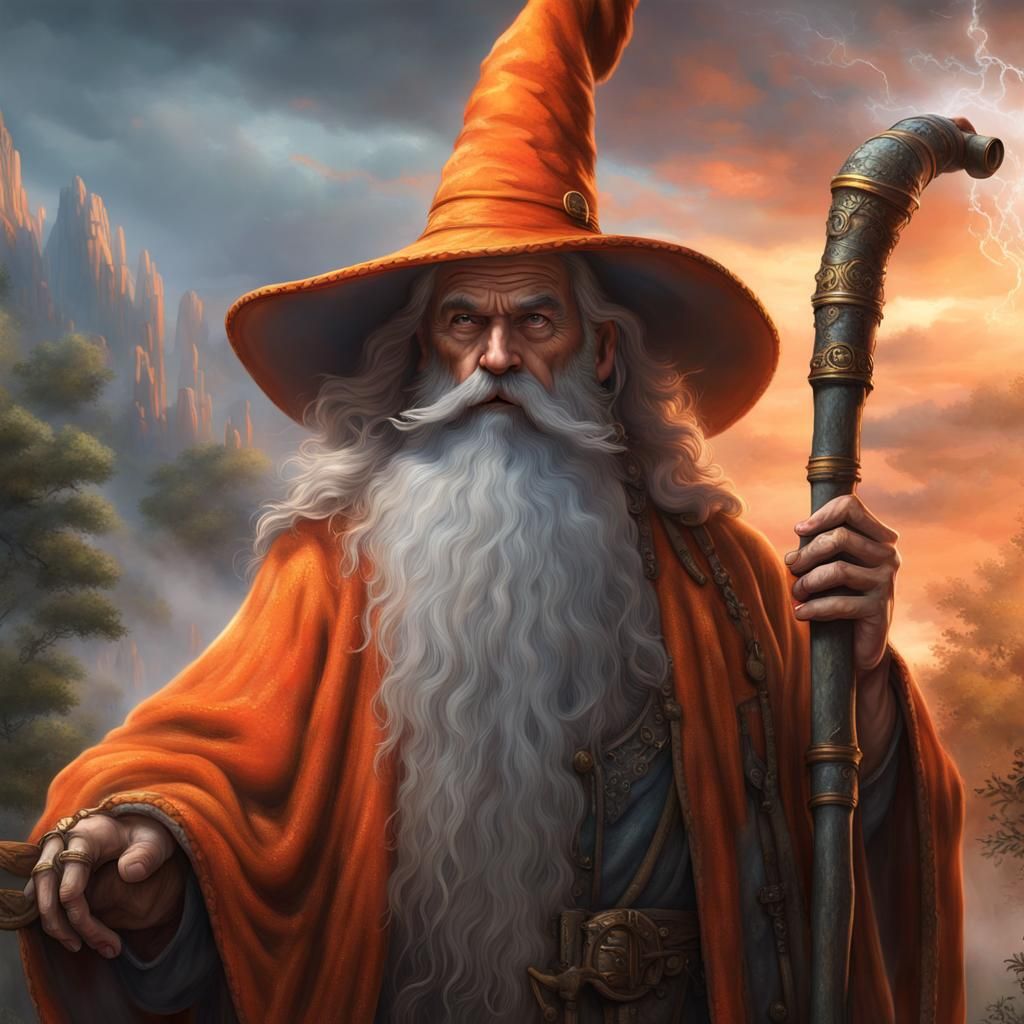 Wise Old Wizard in Orange Robes, Fantasy Art