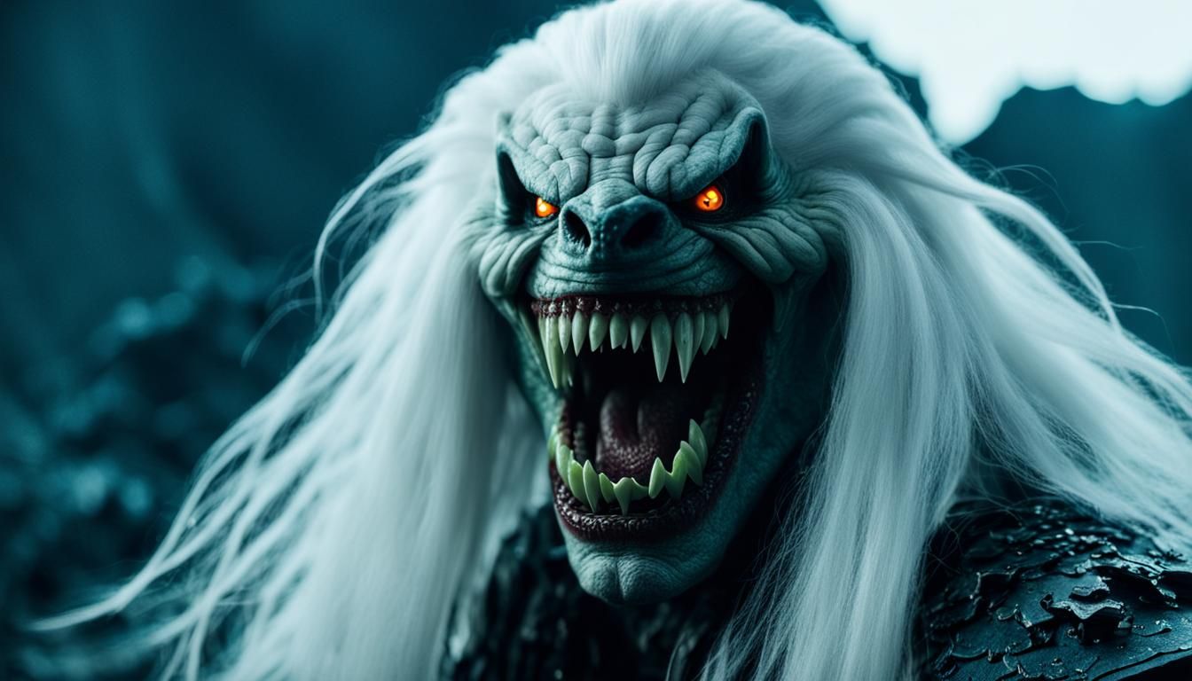 Hideous Creature with White Hair and Sharp Teeth