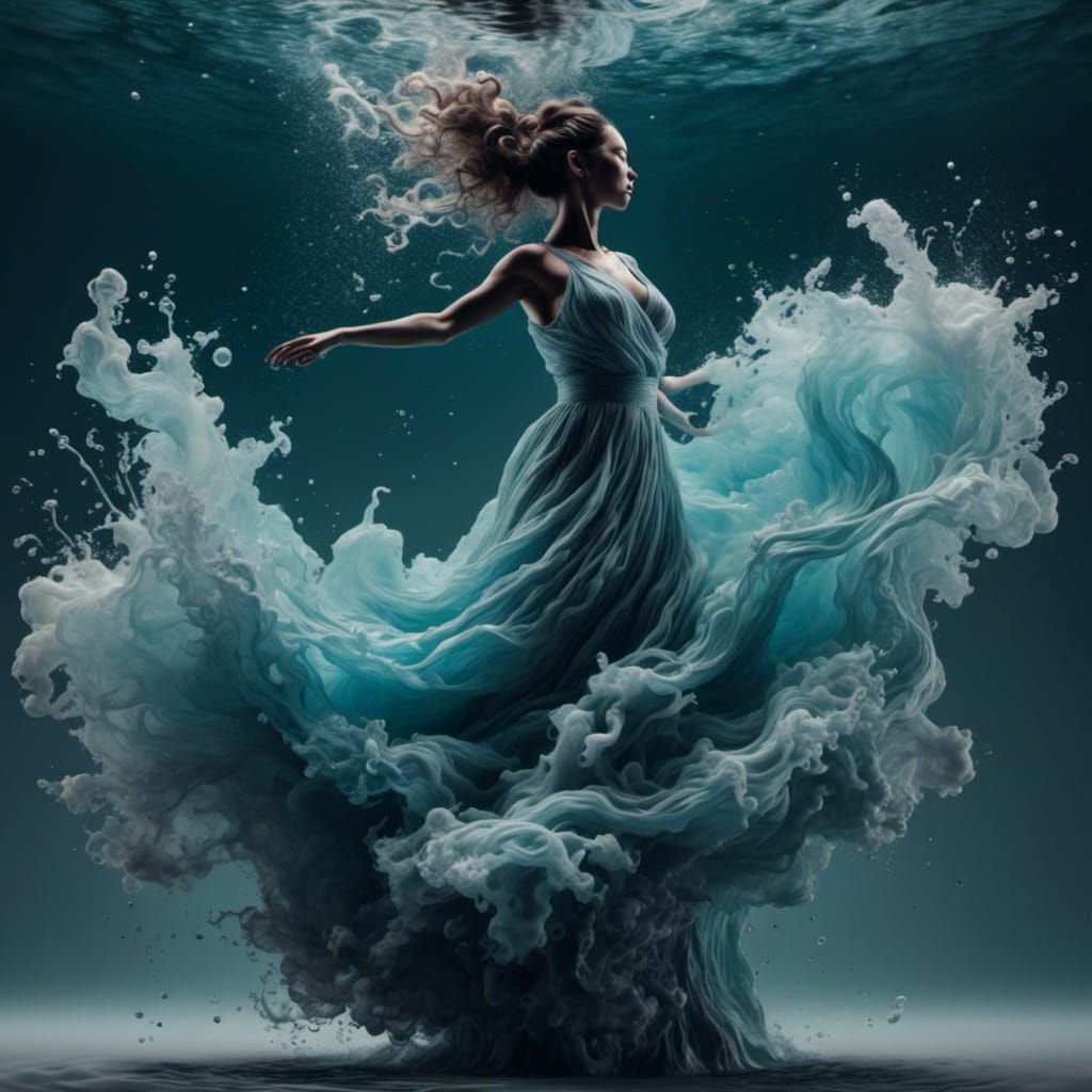 Ocean Wave Woman in Water-Ink Style