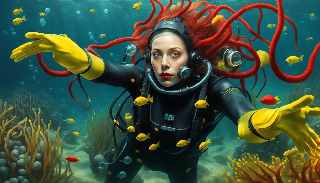 Terrified Diver Gripped by Tentacles in Deep Sea