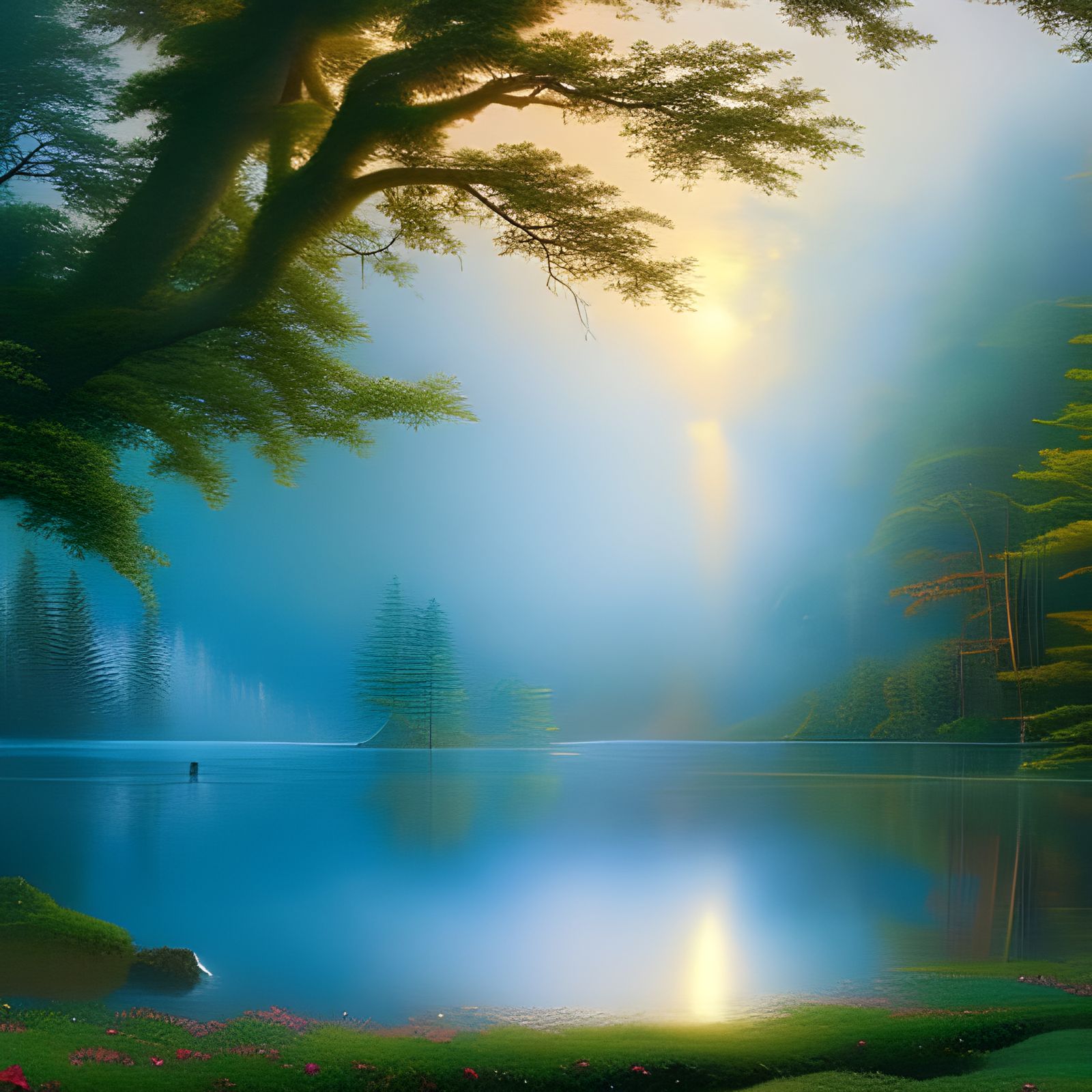 Ethereal Countryside Lake Scene in Kinkade Style