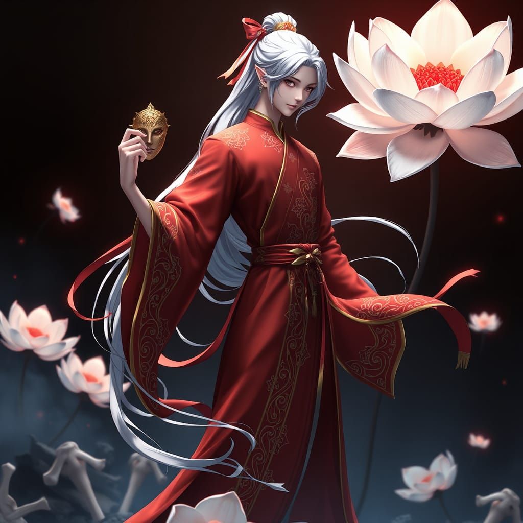 Anime Young Man in Red Robe with Mask