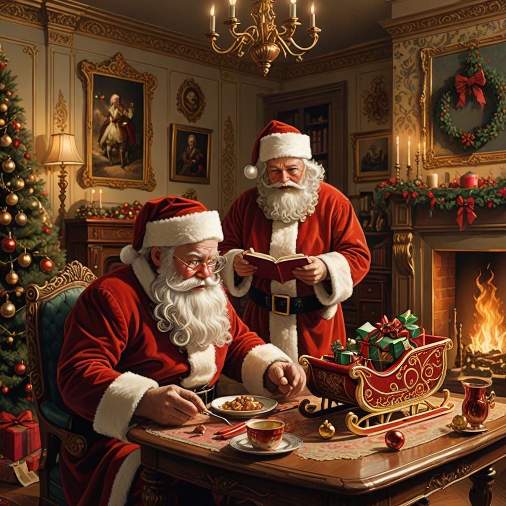 Santa Claus Plays with Toy Sleigh in Victorian Room Oil Pain...