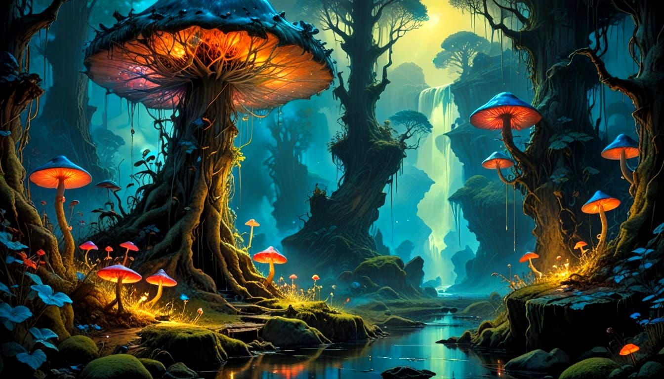 Dreamlike Landscape with Bioluminescent Mushrooms and Waterf...