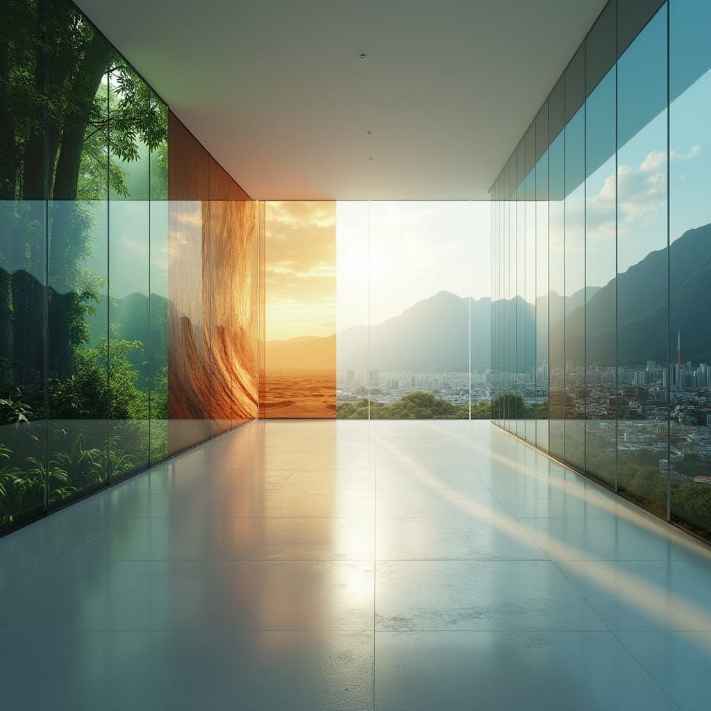 Surreal Room with Transparent Walls and Reflected Landscapes
