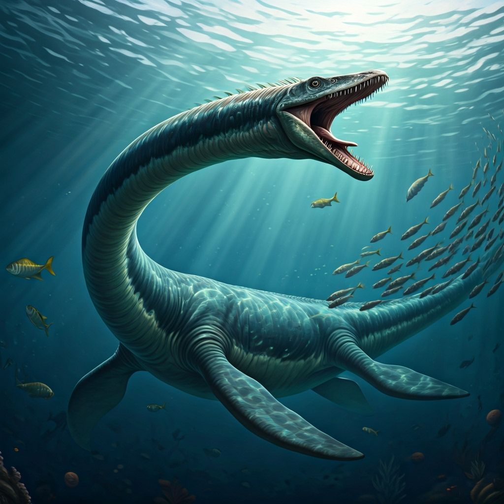 Plesiosaur Chasing Fish: Aquatic Illustration