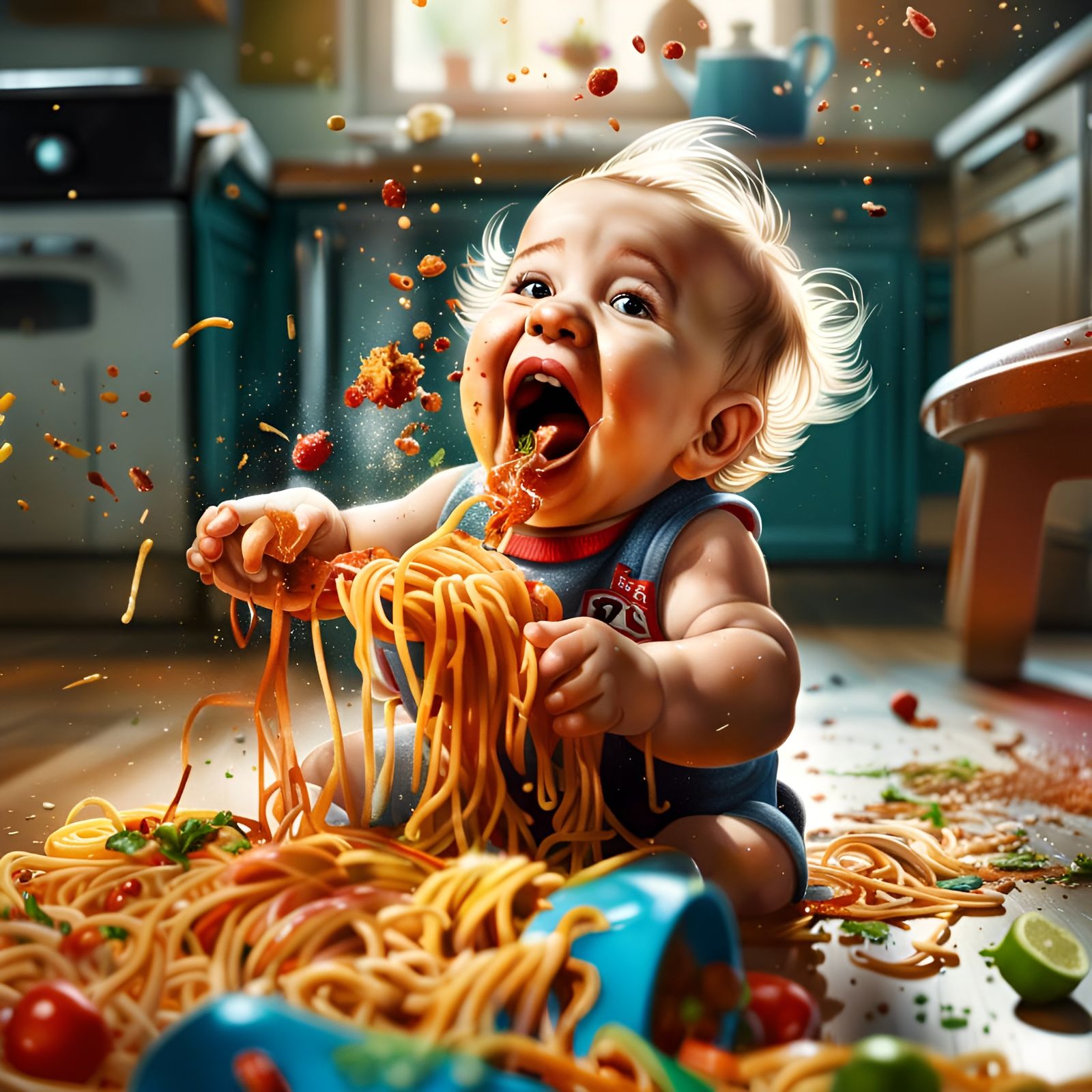 Joyful Baby Spaghetti Feast in Hyper-Realistic Style