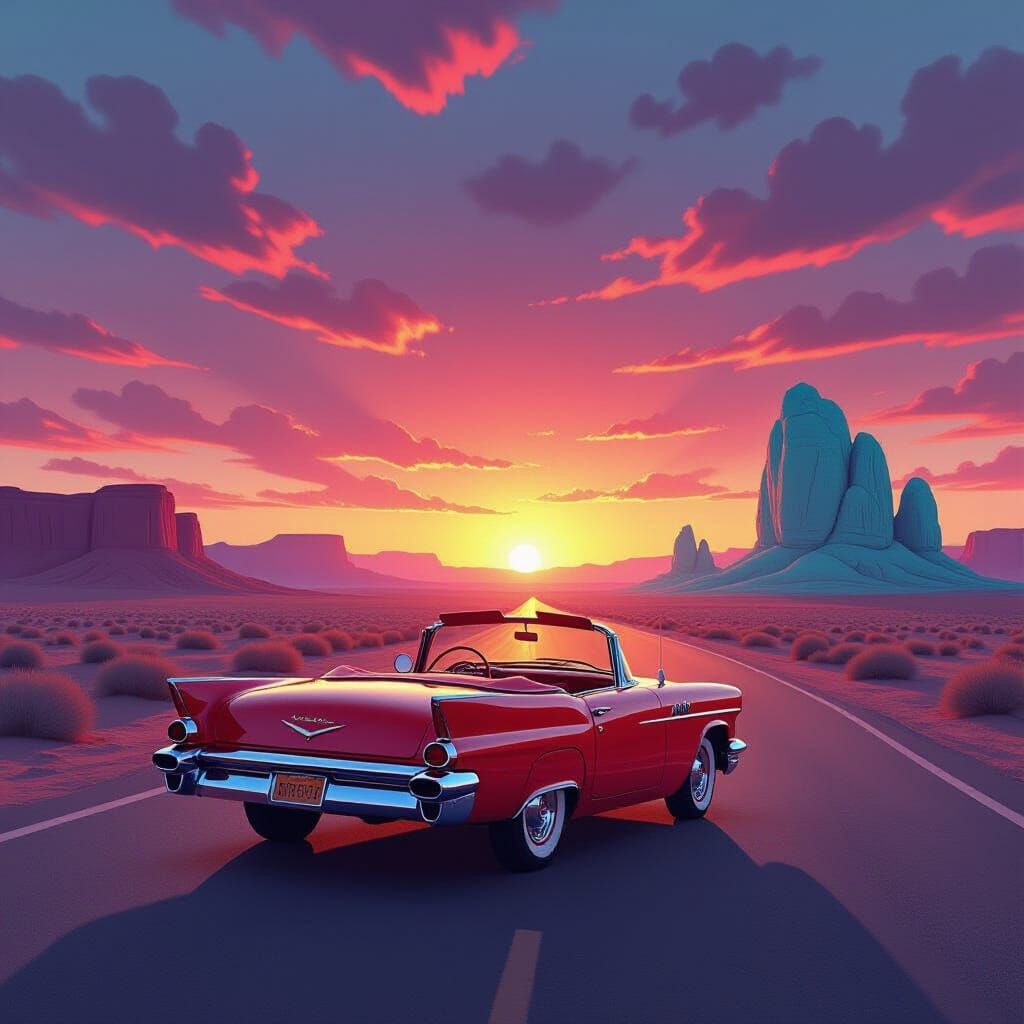 Vintage Convertible on Desert Highway at Sunset