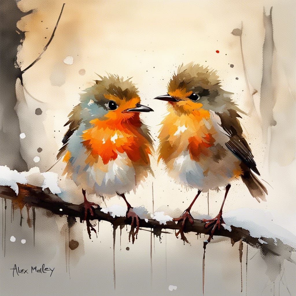 Cute Baby Robins in Winter Watercolour Scene