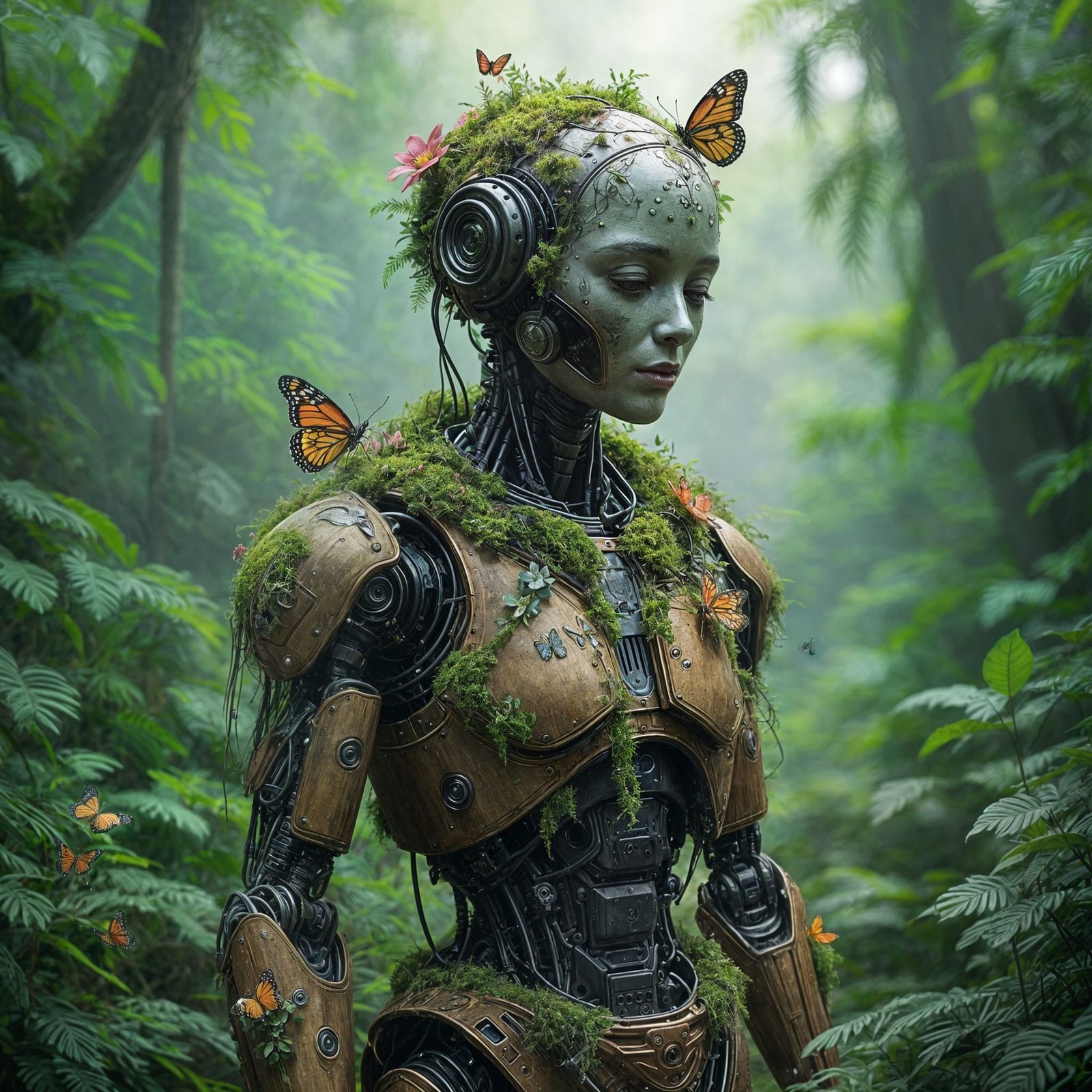 Moss-Covered Robot in Lush Jungle, Photorealistic