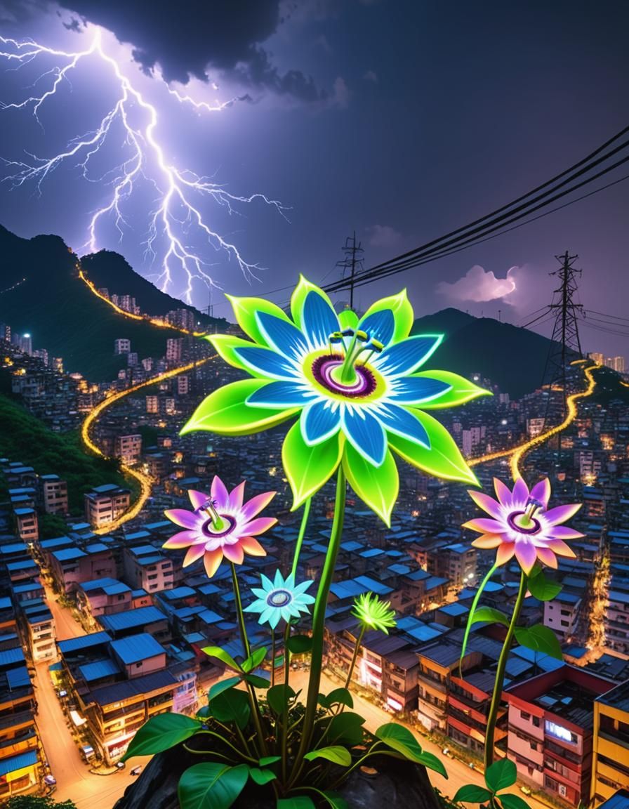 Luminescent Flowers Bloom Amidst Electric Sky