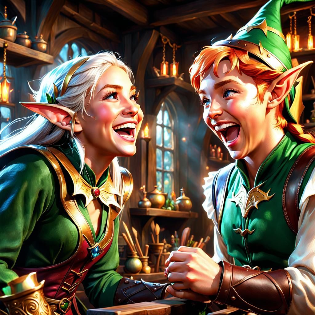 Laughing Elves in Magical Workshop: Hyperdetailed Concept Ar...