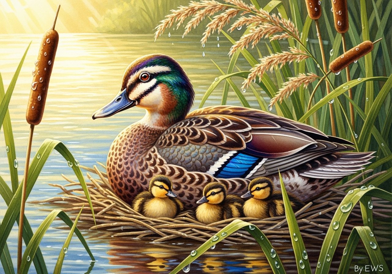 Watercolor Duck Nest with Fluffy Ducklings