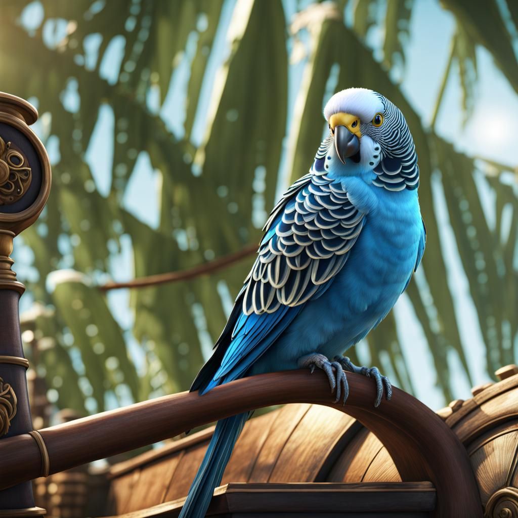 Blue Budgie Pirate Adventure: Detailed Matte Painting