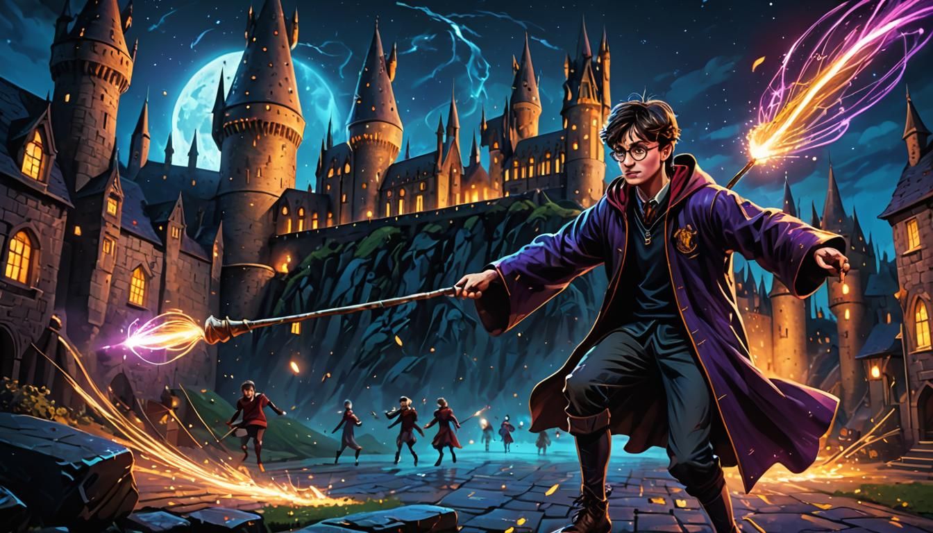 Harry Potter Quidditch at Night in Neon Style