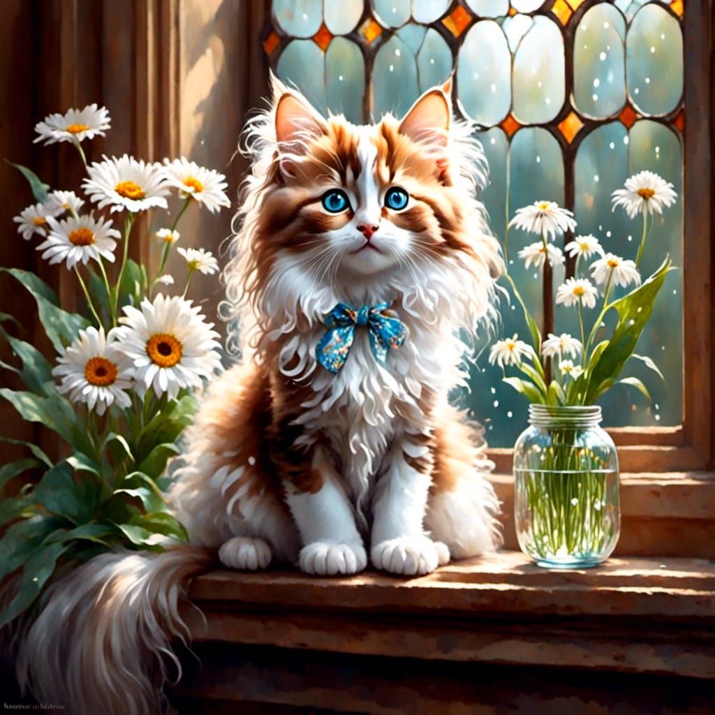 Fluffy Kitten with Flowers in Pastel Colors