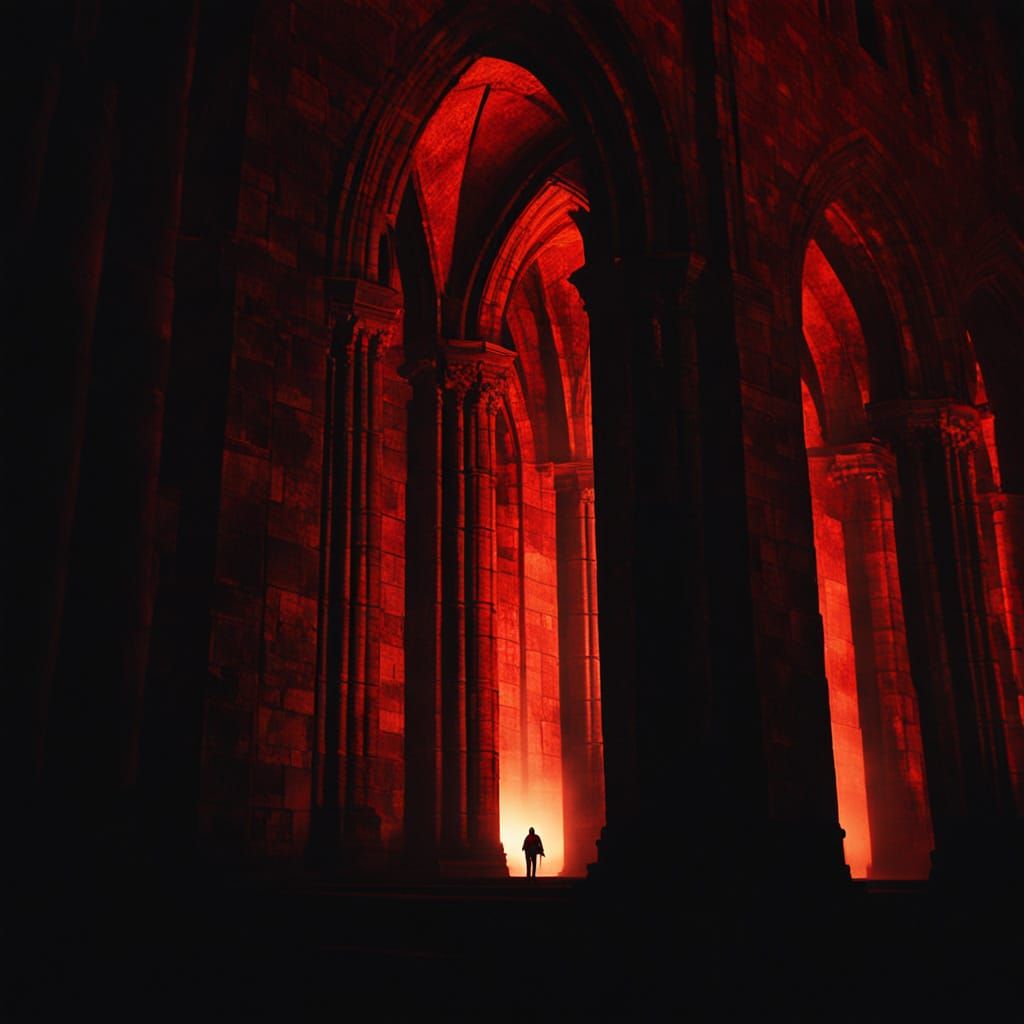 Red Haze Cathedral: Cinematic Film Noir Still