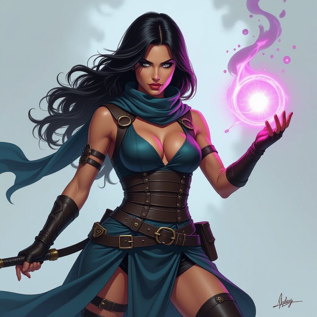 Mystical Female Assassin Casting Spell in Comic Style