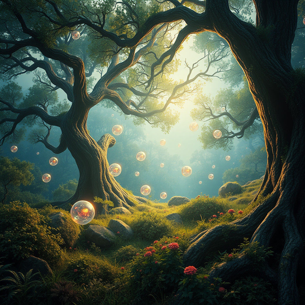 Whimsical Landscape with Floating Orbs, Detailed Matte Paint...