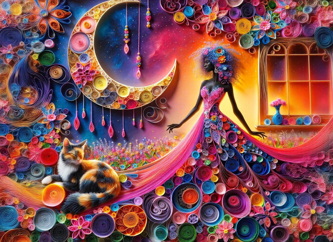 Black Woman in Quilled Dress with Dreamlike Celebration