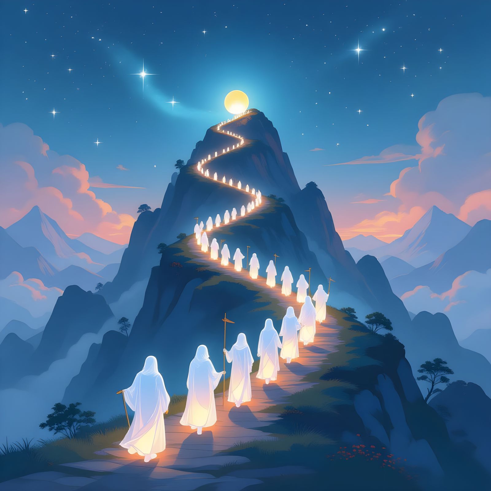 Mystical Mountain Procession with Lanterns in Dreamscape