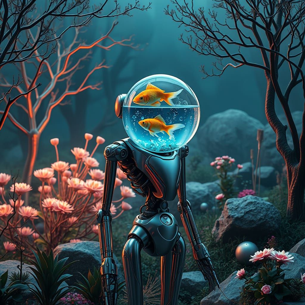 Robot in Cyberpunk Garden with Aquatic Head