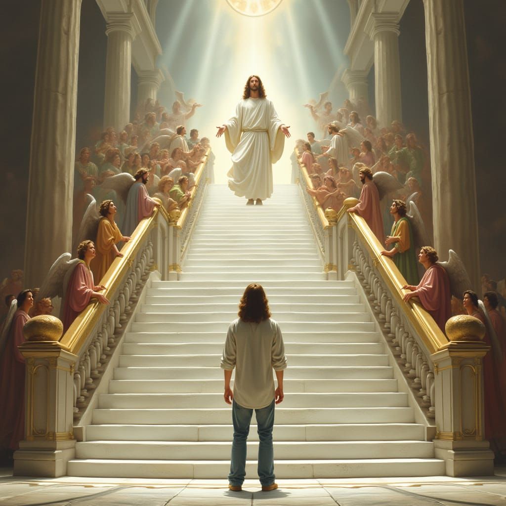 Jesus Descends Grand Staircase to Golden Throne