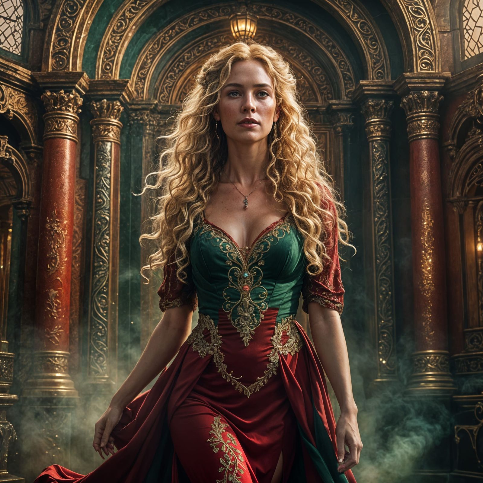 Attractive Woman with Freckles in Red Dress