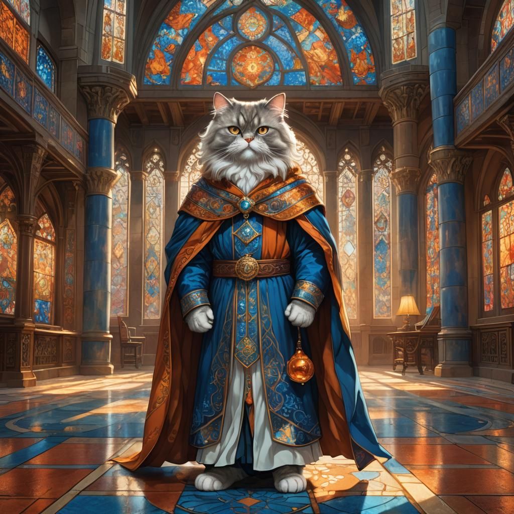 Majestic Cat Wizard in Grand Library