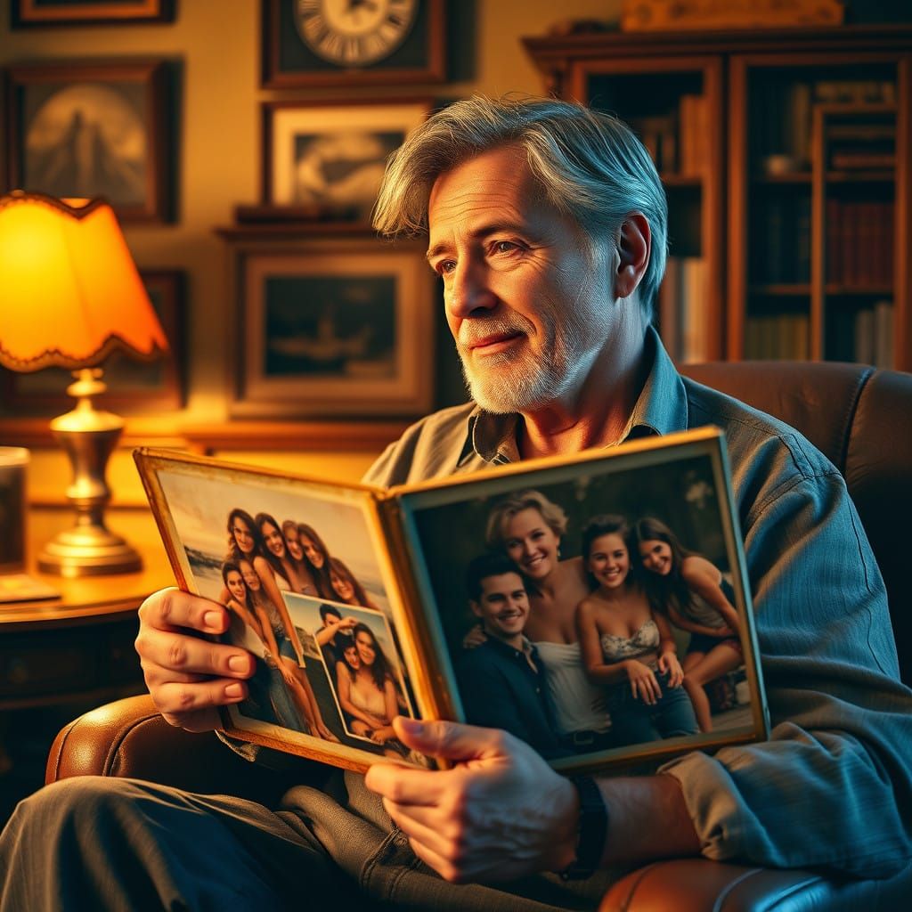 Nostalgic Man Remembers Youthful Escapades in Cozy Study