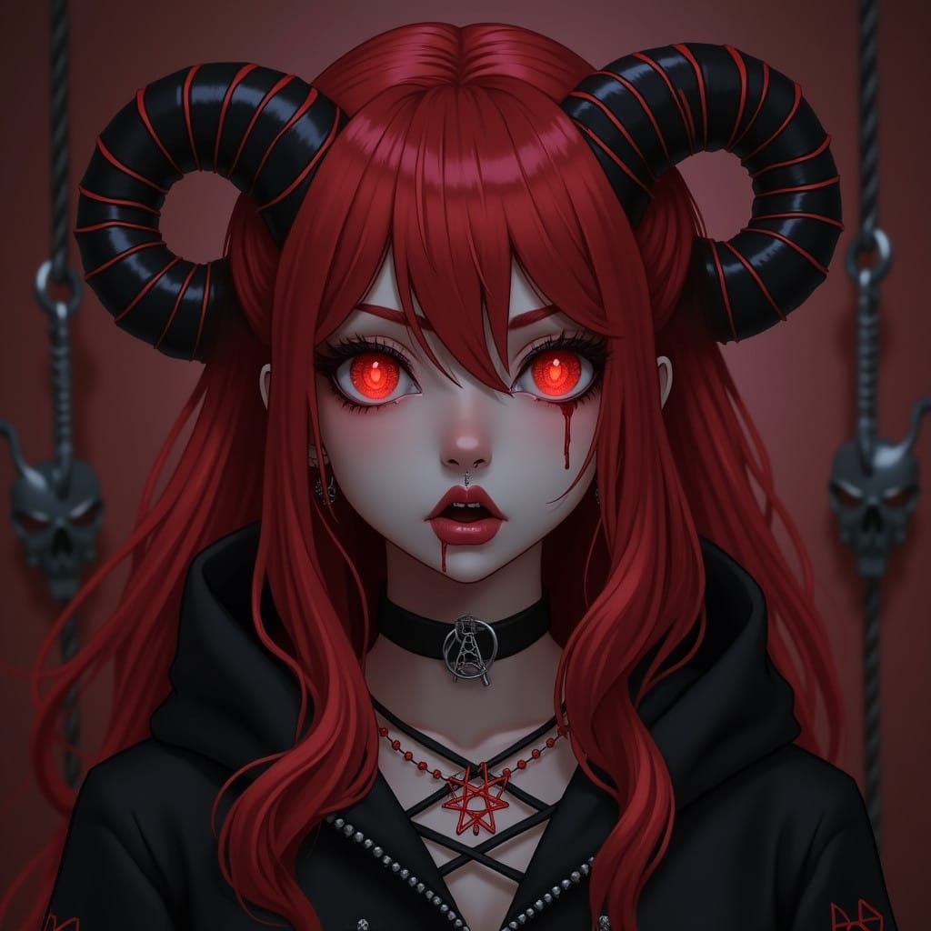 Hyper Realistic Kawaii Lady with Skull Tats and Red Horns