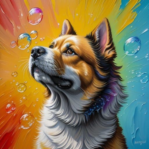Dog Playing with Soap Bubbles in Expressionist Oil