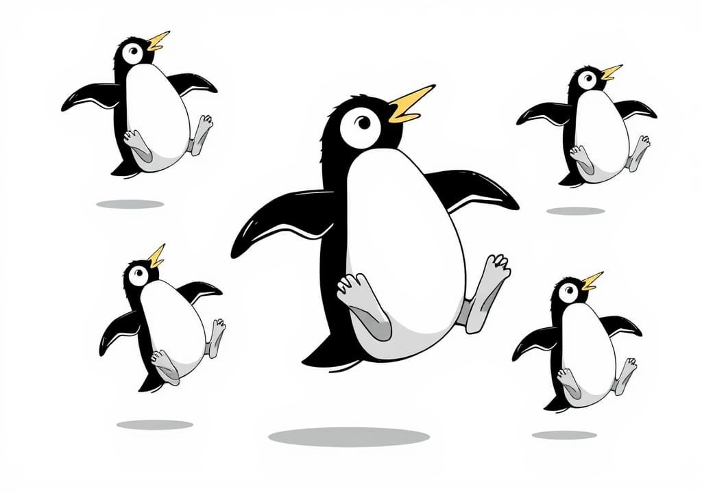Dynamic Penguin Illustration in Monochrome Vector Style