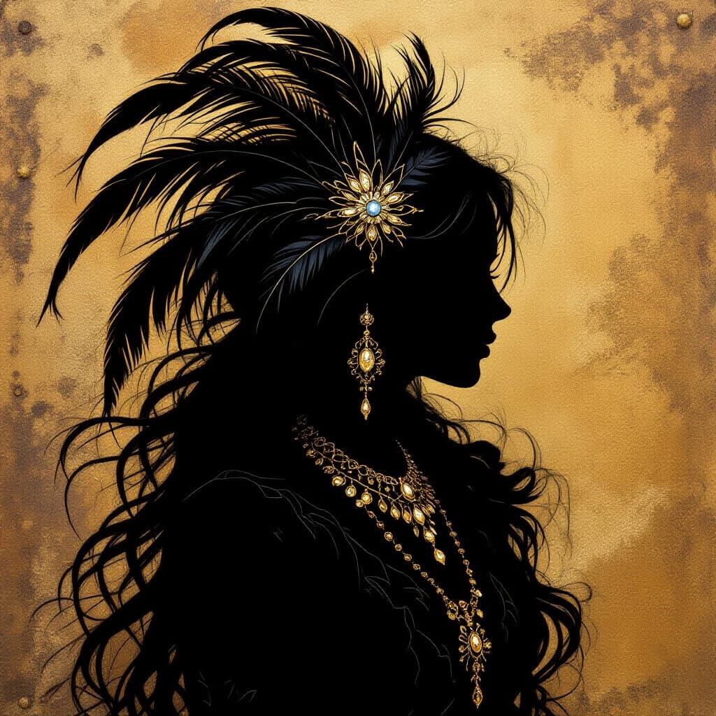 Golden Silhouette Portrait with Feathered Accessories