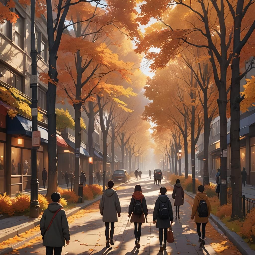 Serene Autumn Street in 3D Anime Style